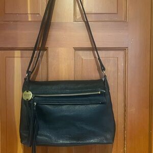 Margot Black Leather Shoulder Bag with Gold Accents